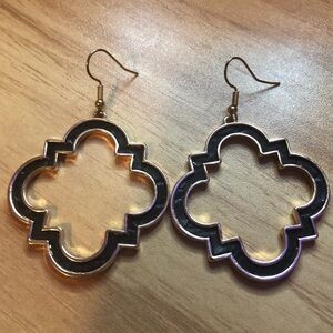 Moroccan Style Gold Tone‎ with Black Leather Inlay Dangle Drop Earrings